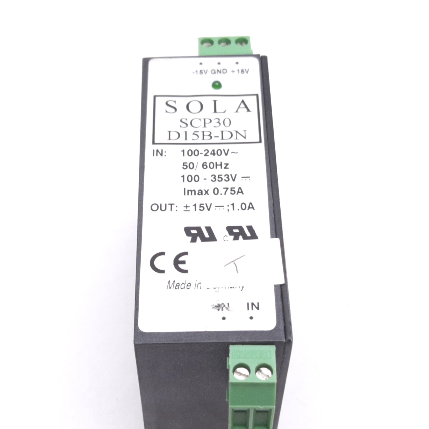 Used Sola SCP30 D15B-DN Power Supply, In: 100-240VAC / 100-353VDC, Out: 15VDC 1.0A
