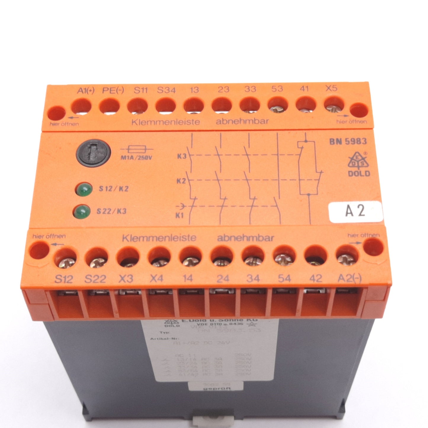 Used E Dold VDE 0113 BN-5983.53 Emergency Stop Safety Relay, 3N/O 1N/C, Coil: 24VDC