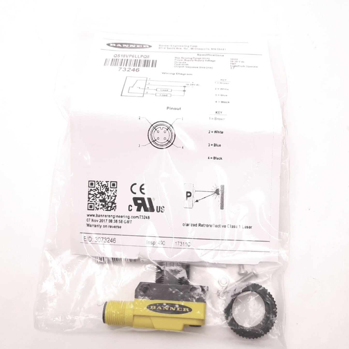 New Banner Engineering QS18VP6LLPQ8 All Purpose Photoelectric Sensor, 0.1-10m Range