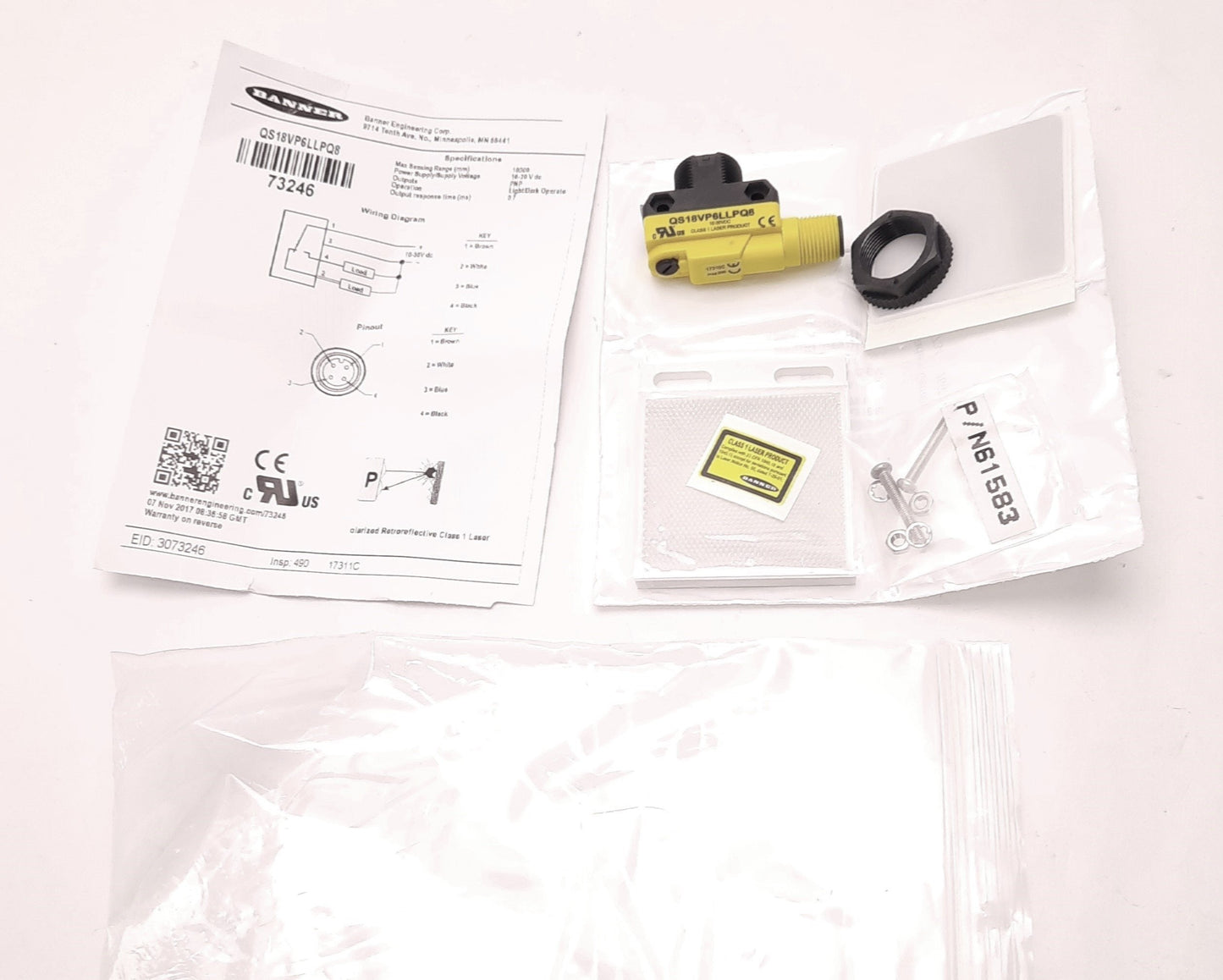 New Banner Engineering QS18VP6LLPQ8 All Purpose Photoelectric Sensor, 0.1-10m Range