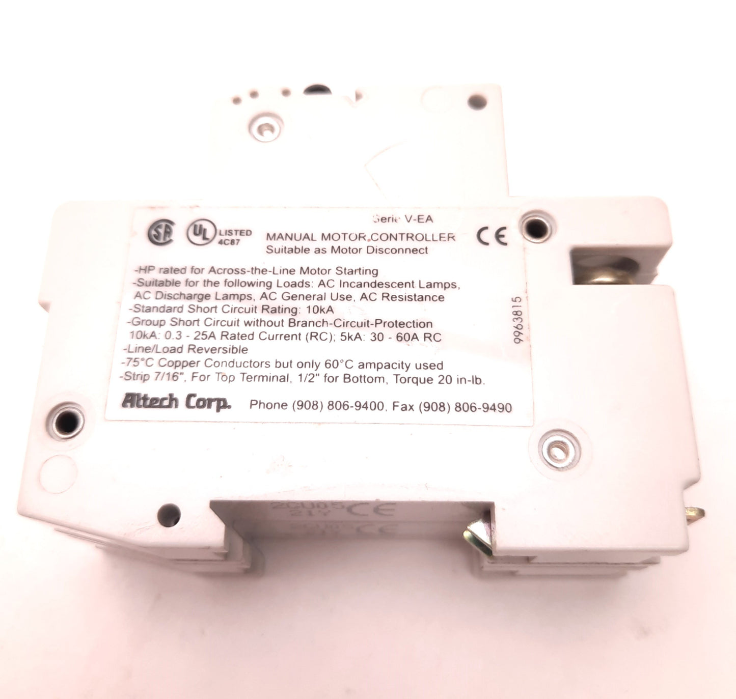 Used Altech 2GU05 Manual Motor Controller, 0.5 Amps, 277v AC, 2 Poles, Din Rail Mount