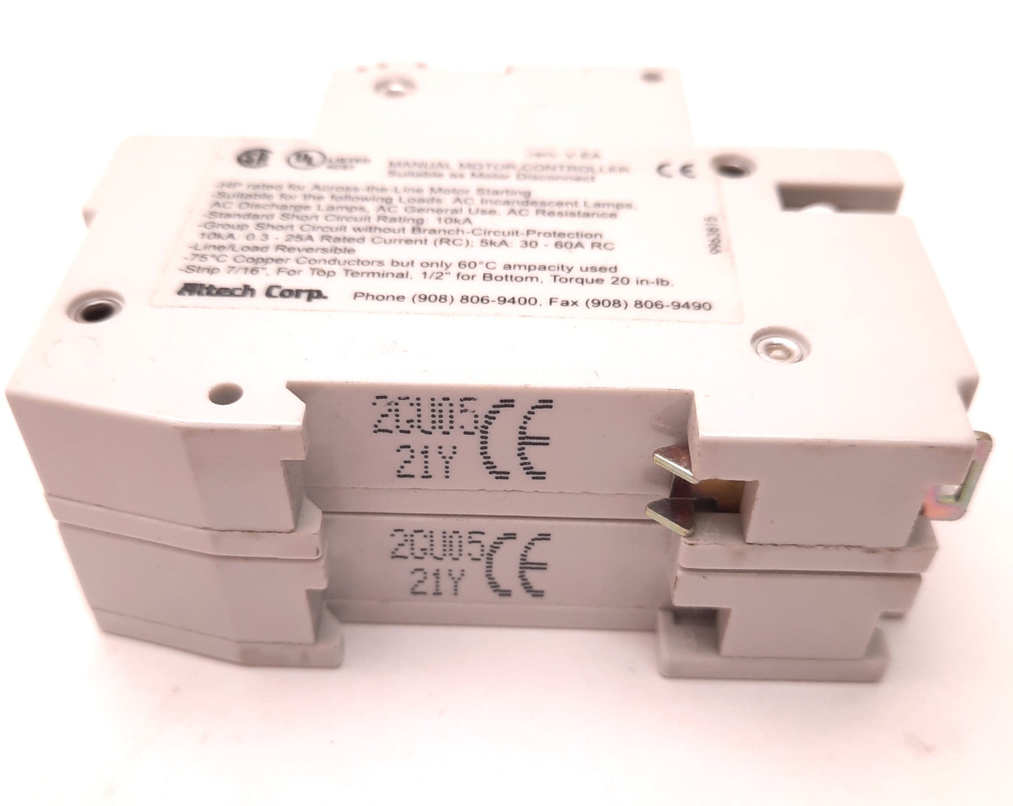Used Altech 2GU05 Manual Motor Controller, 0.5 Amps, 277v AC, 2 Poles, Din Rail Mount