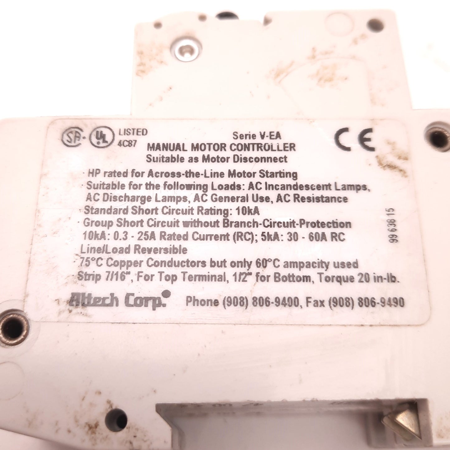 Used Altech Corp 2GU1 Manual Motor Controller, 1 Amp, 2 Pole, 480v AC/277v AC/80v DC