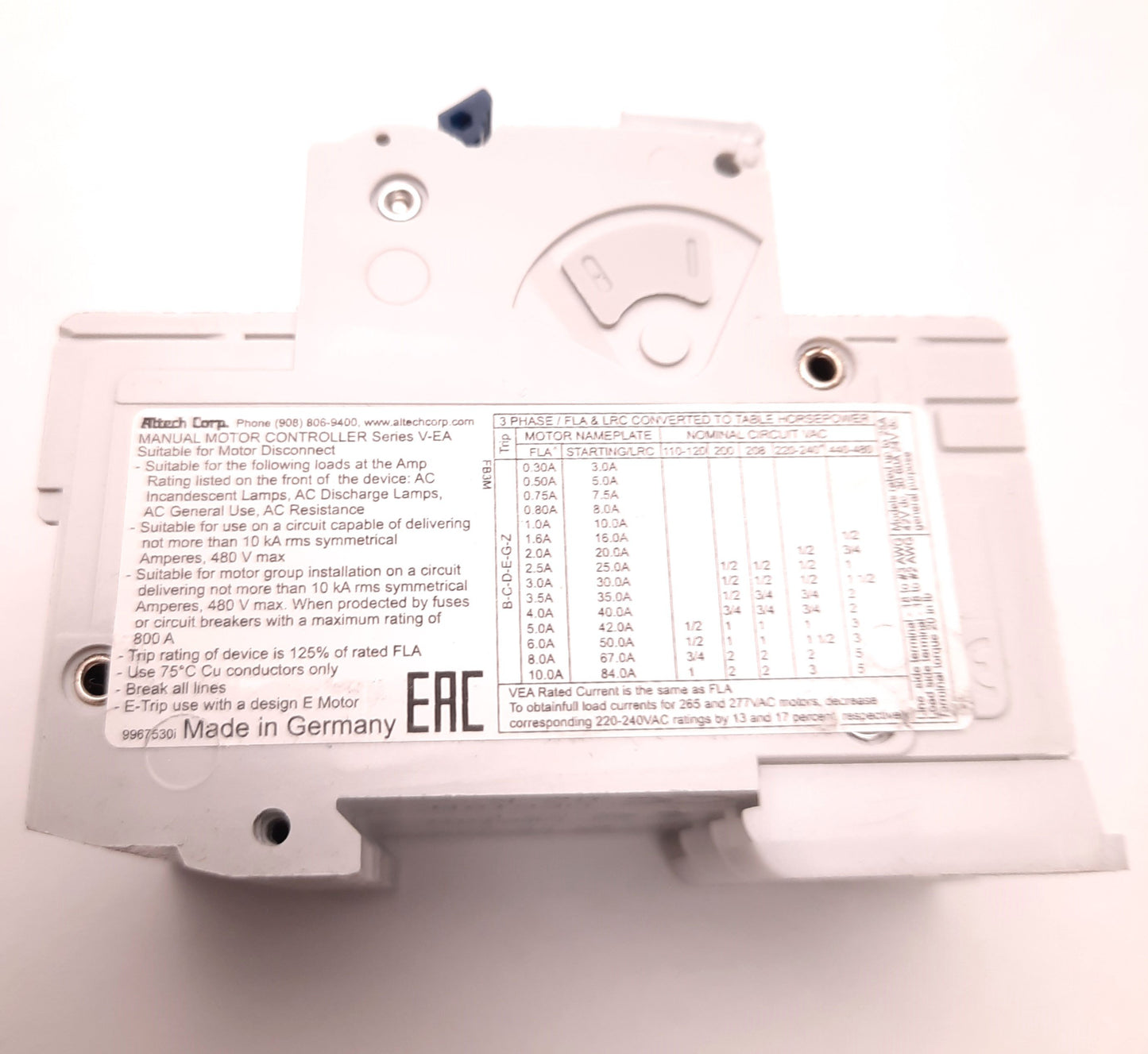 New – Open box Altech 3G10UM Circuit Breaker, 10 Amps, 480V Ac, 3 Poles, DIN Rail Mount