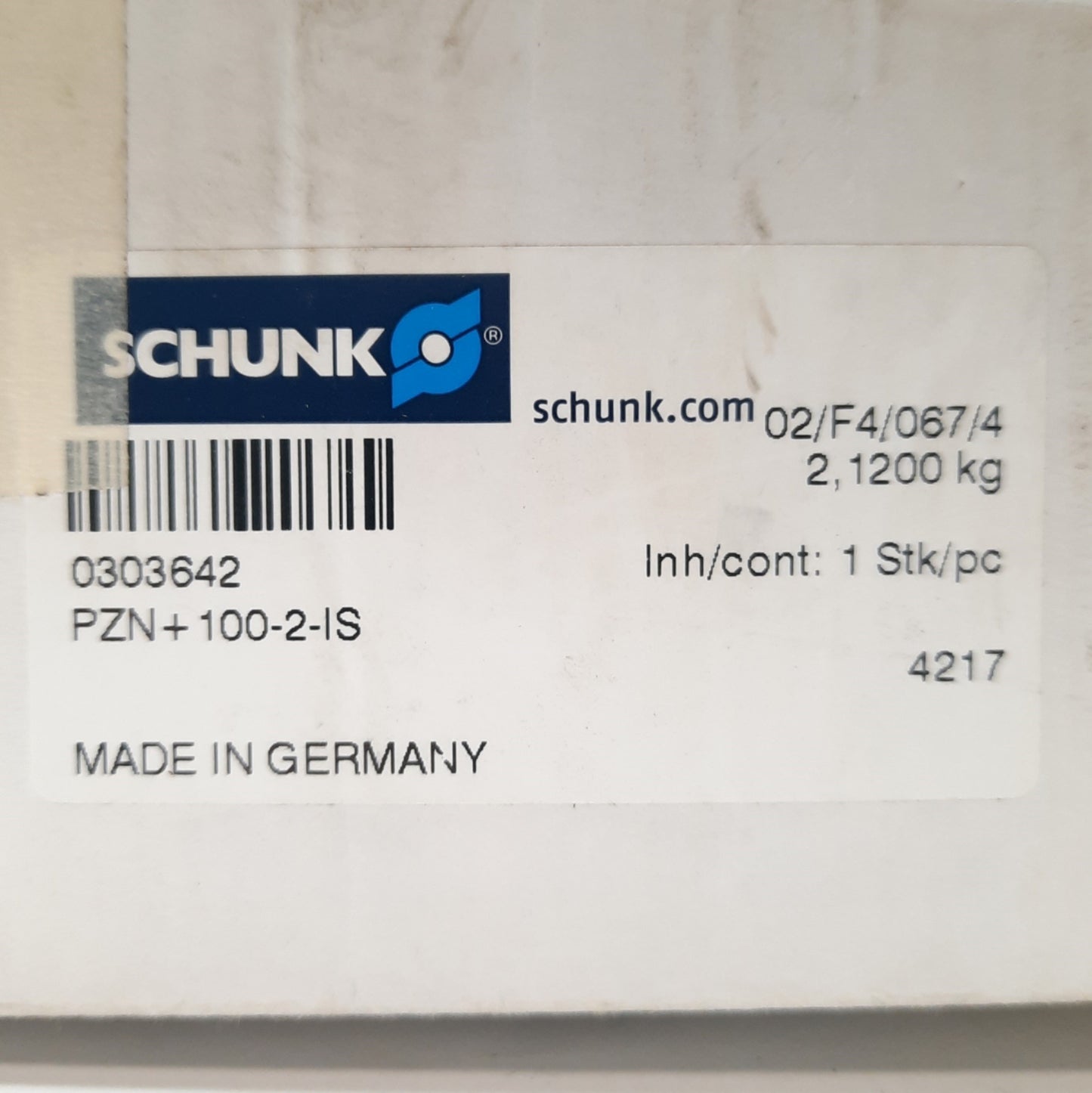 New SCHUNK PZN+100-2-IS PZN-plus Centric Gripper, 5mm Stroke, 5900N, 87PSI, Ø120mm