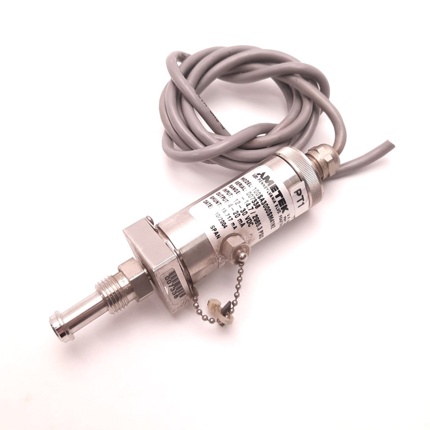 Used AMETEK 100SA3000SM41N2 Pressure Transducer, -14.7 to 2985.3 PSIG, 4-20mA Output