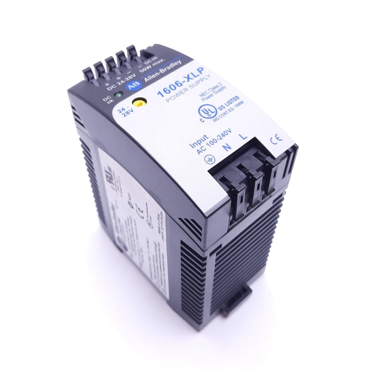 Used Allen Bradley 1606-XLP50E Power Supply, In: 100-240VAC 1A, Out: 24-28VDC 2.1A