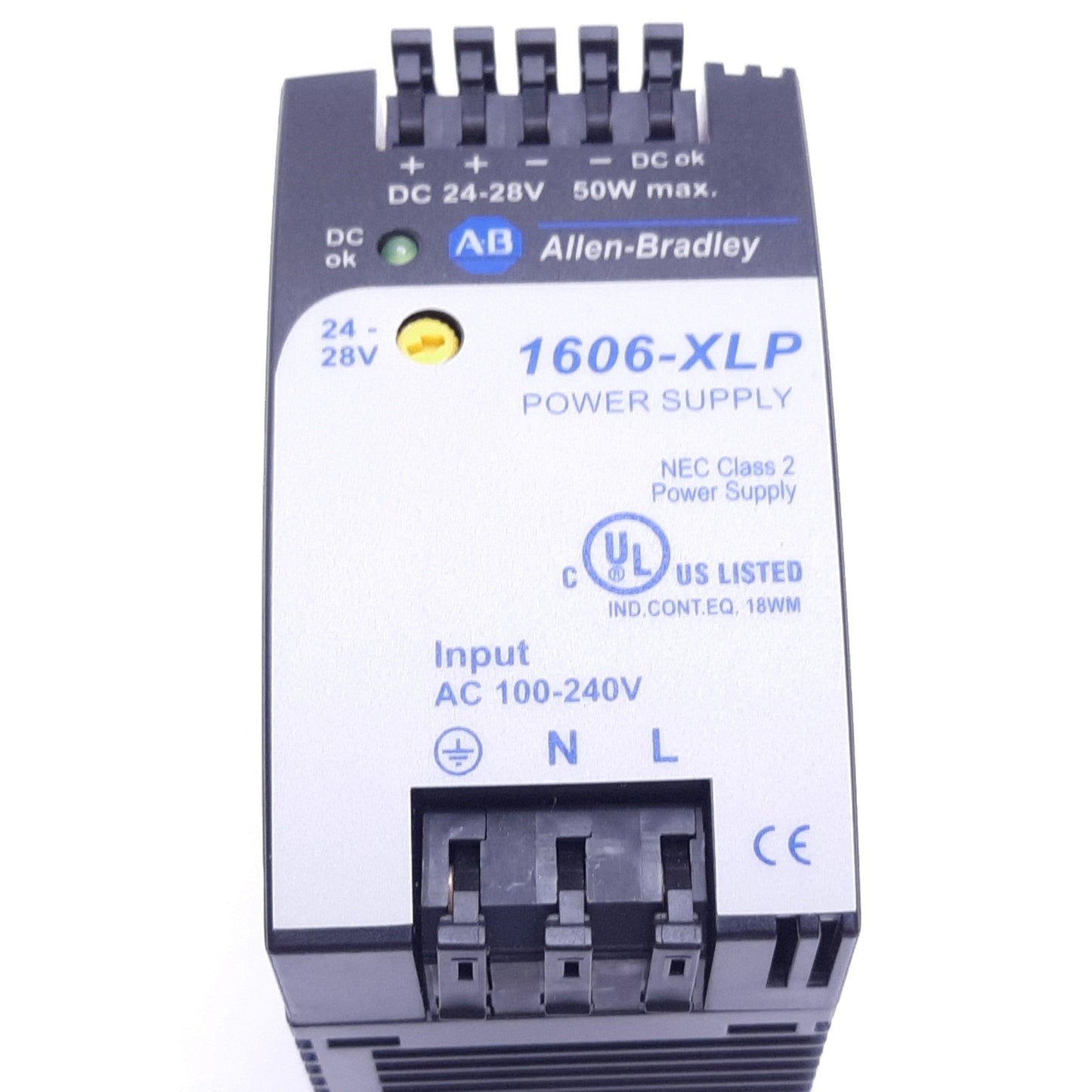 Used Allen Bradley 1606-XLP50E Power Supply, In: 100-240VAC 1A, Out: 24-28VDC 2.1A