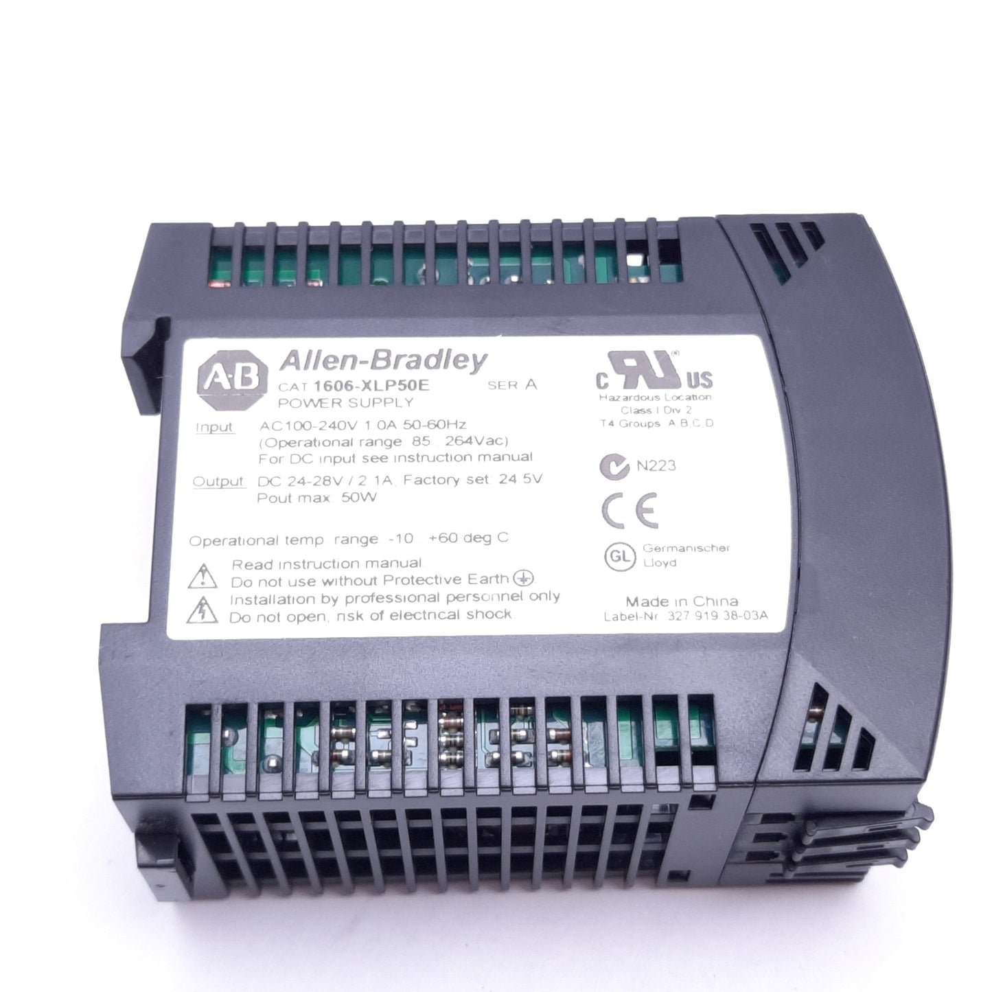 Used Allen Bradley 1606-XLP50E Power Supply, In: 100-240VAC 1A, Out: 24-28VDC 2.1A