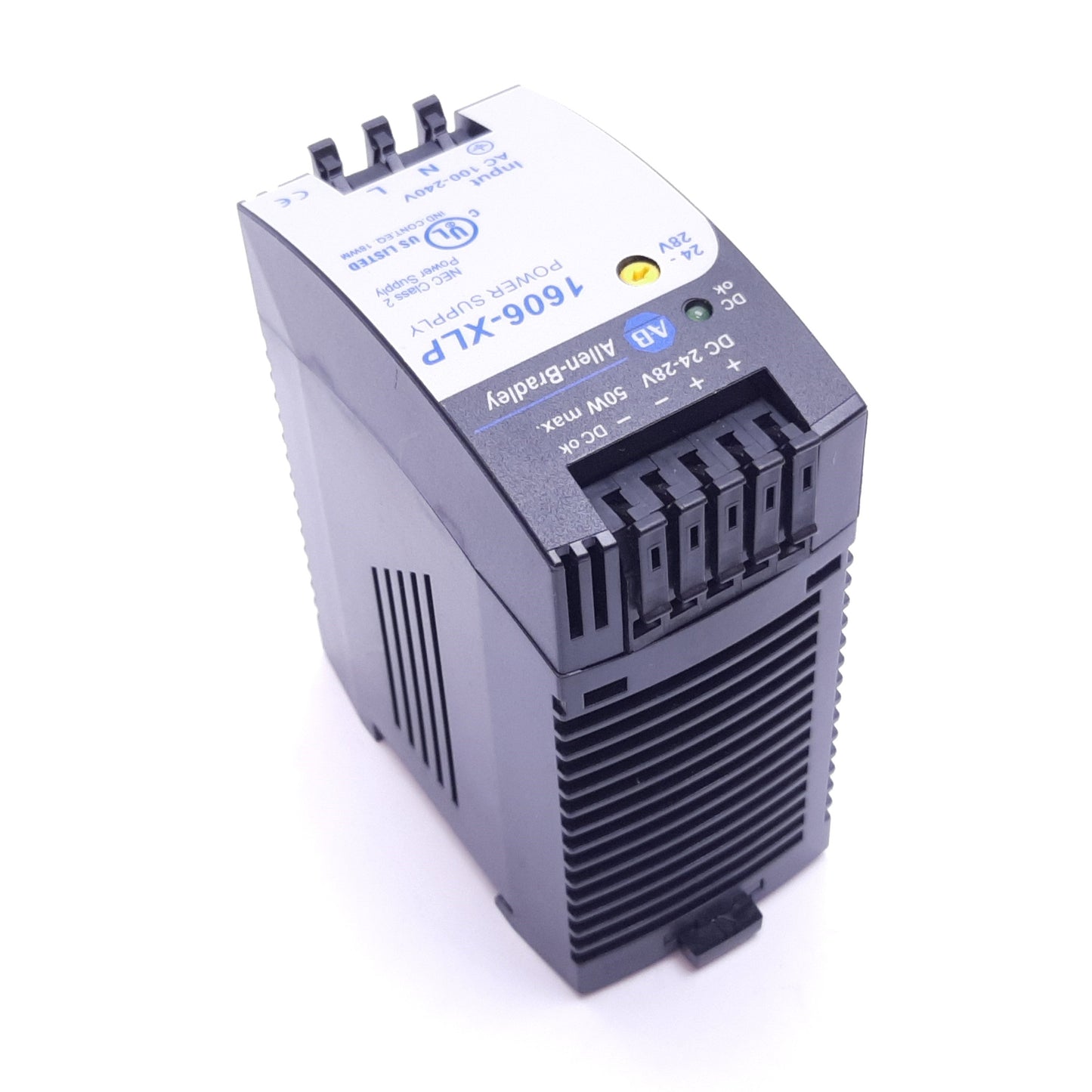 Used Allen Bradley 1606-XLP50E Power Supply, In: 100-240VAC 1A, Out: 24-28VDC 2.1A