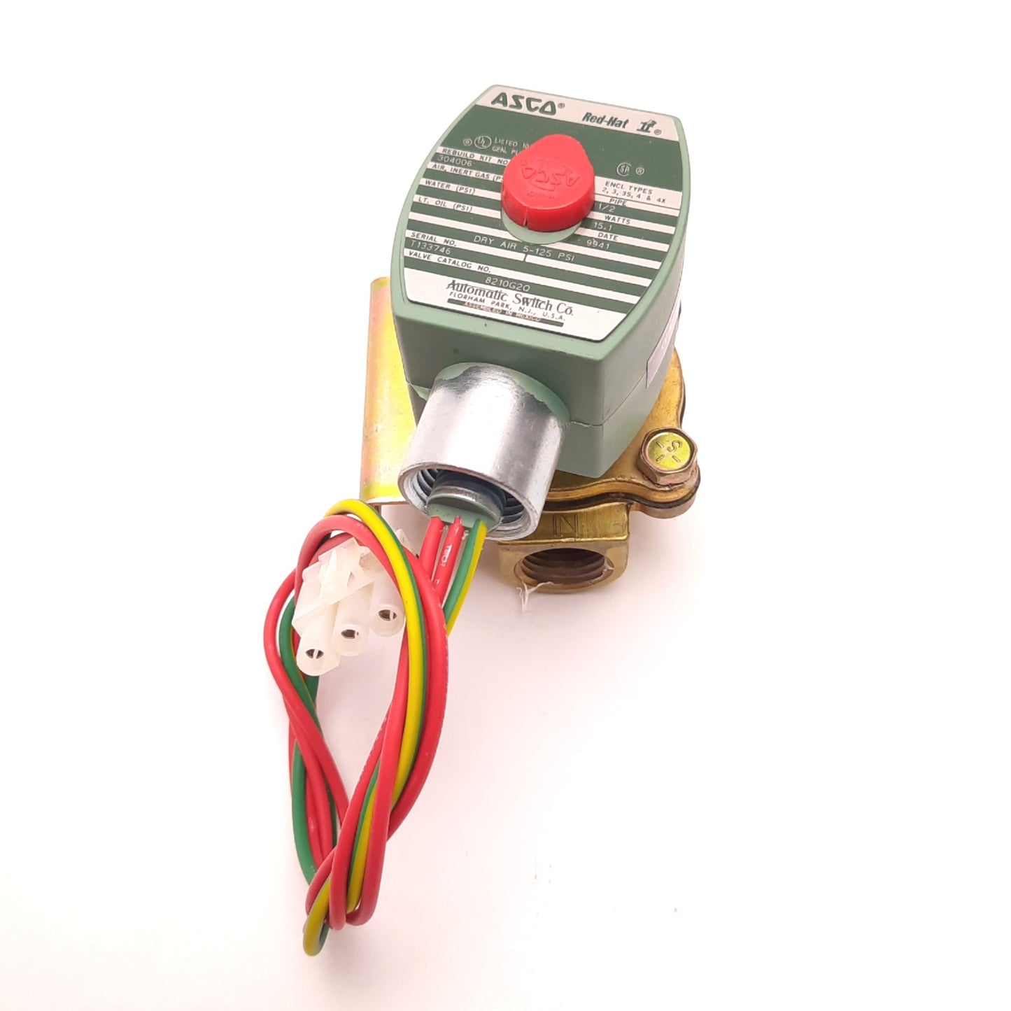 Used Asco 8210G2Q Brass Solenoid Valve 1/2" NPT, 15.1 Watts , N.C., 5-125 Psi Dry Air