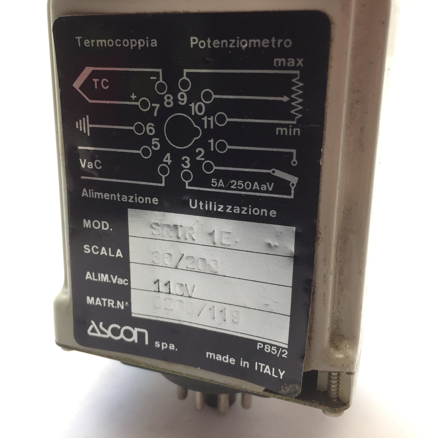 Used Ascon Spa. SRTR 1E Control Relay, Power: 110VAC, Base: 11-Pin, Made in Italy