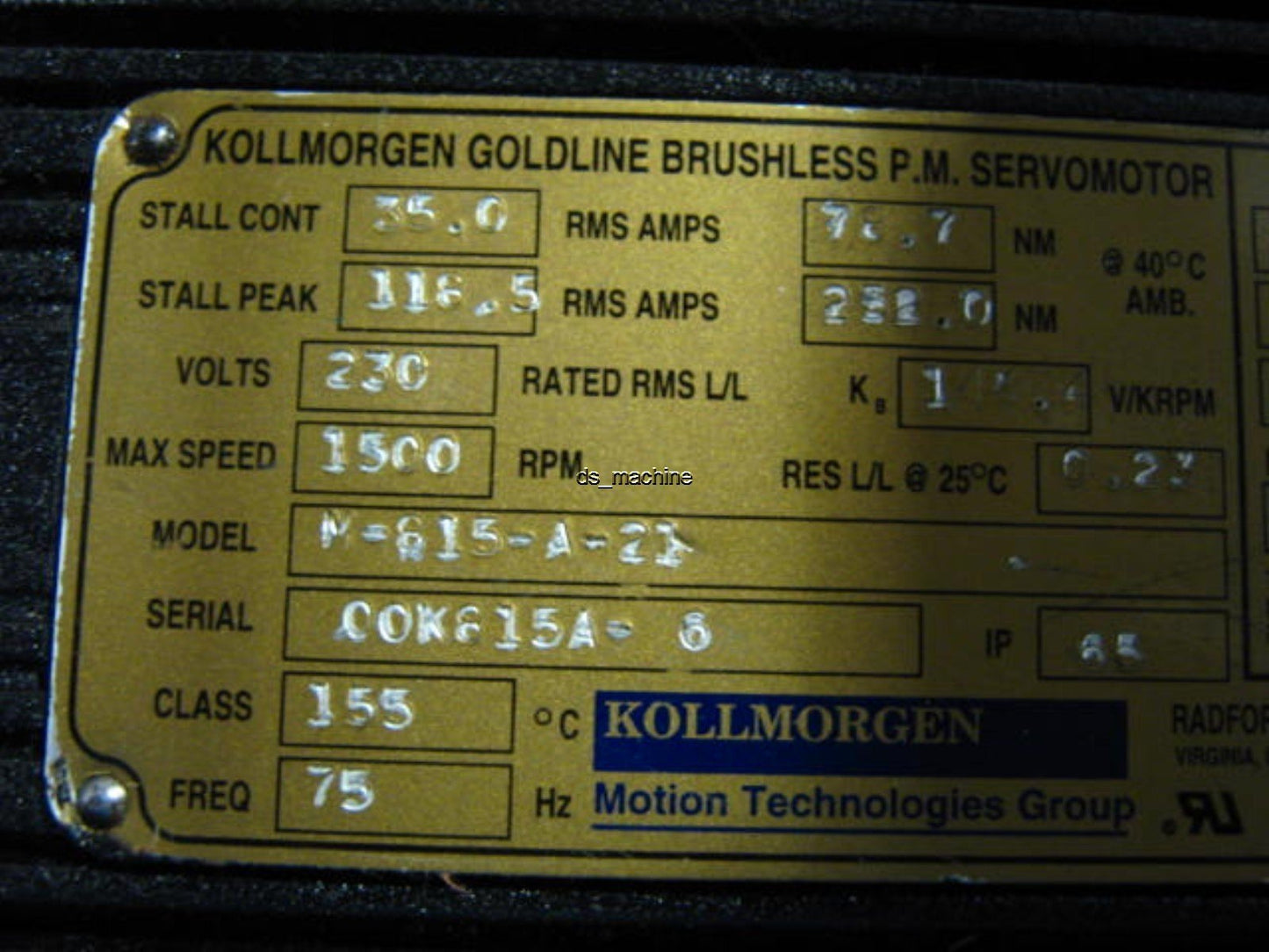 Used Kollmorgen M-815-A-21 Goldline Servo Motor 230VRMS 35A 1500RPM 78.7Nm / 696in/lb