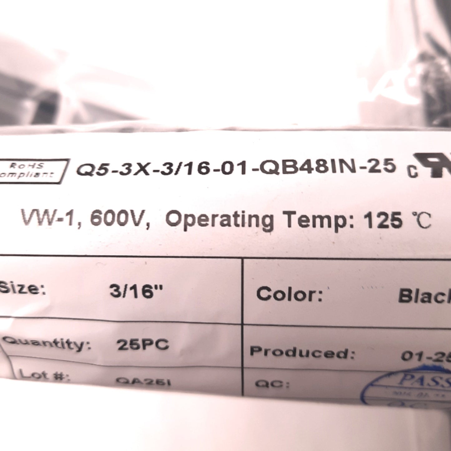 Used Lot of 2 Qualtek Q5-3X-3/16-01-QB48IN Heat Shrink Tubing Bag, 3/16" Dia. 25 Each