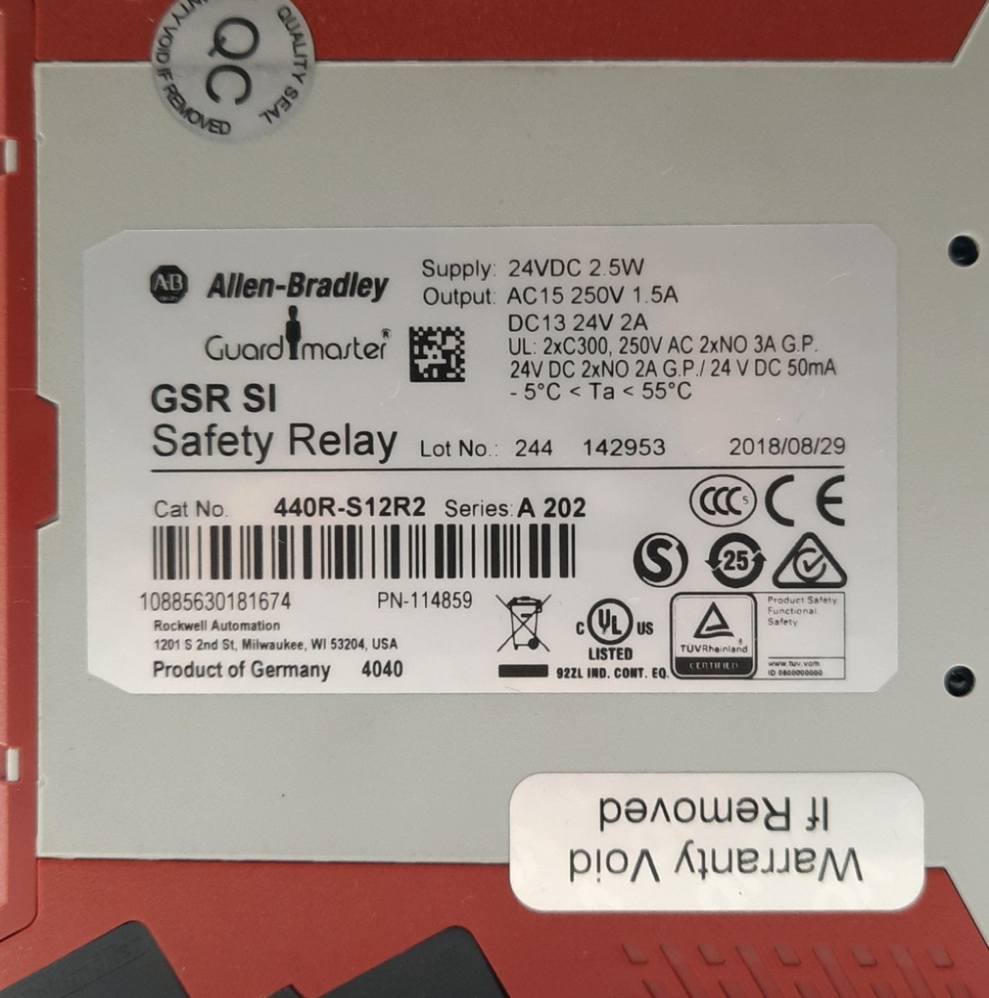 Used Allen Bradley 440R-S12R2 Ser A Guardmaster GSR SI Safety Relay 2x Inputs 24VDC
