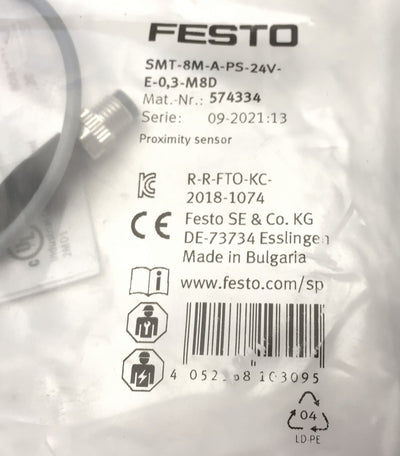 New New Festo SMT-8M-A-PS-24V-E-0,3-M8D T-Slot Proximity Sensor, 24VDC, PNP NO, 0.3M