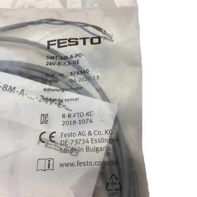 New New Festo SMT-8M-A-PO-24V-E-7,5-OE T-Slot Proximity Sensor, 24VDC, PNP NC, 7.5M