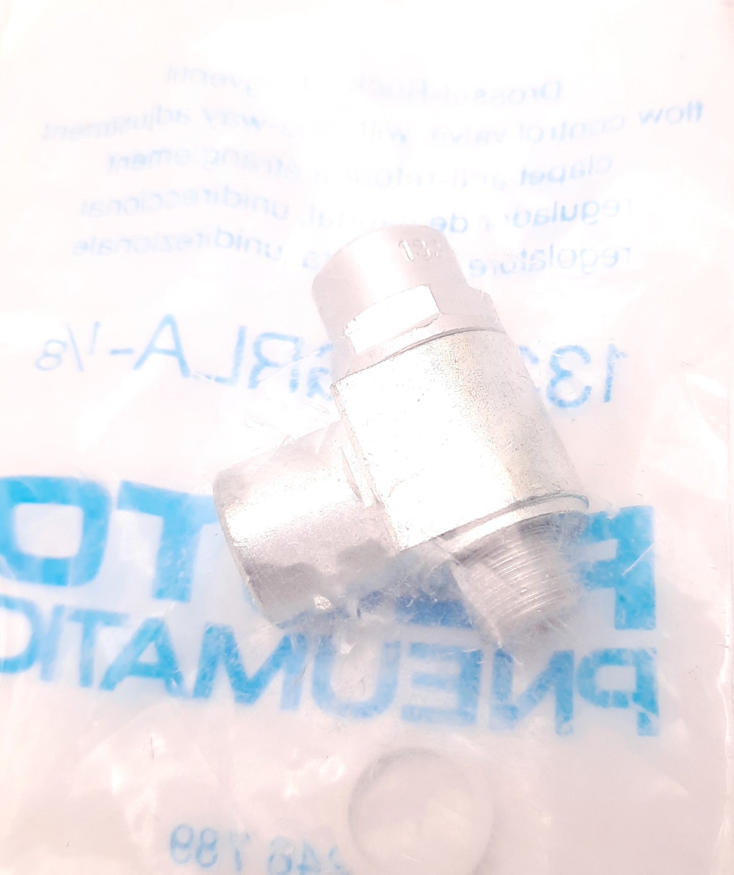 New – Open box Festo GRLA-1/8 One Way Flow Control Valve, M5 Male to Female, 90 Degree