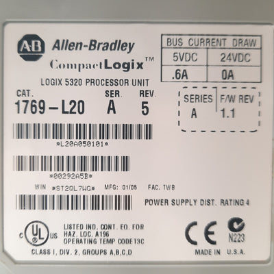 Used Allen Bradley 1769-L20/A CompactLogix 5320 Processor COM 8 I/O 2 Banks 64Kb RAM