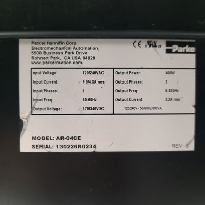 Used Parker AR-04CE Aries Servo Controller, 1-Axis, 170/340VDC 3.2A 400W, 120/240VAC