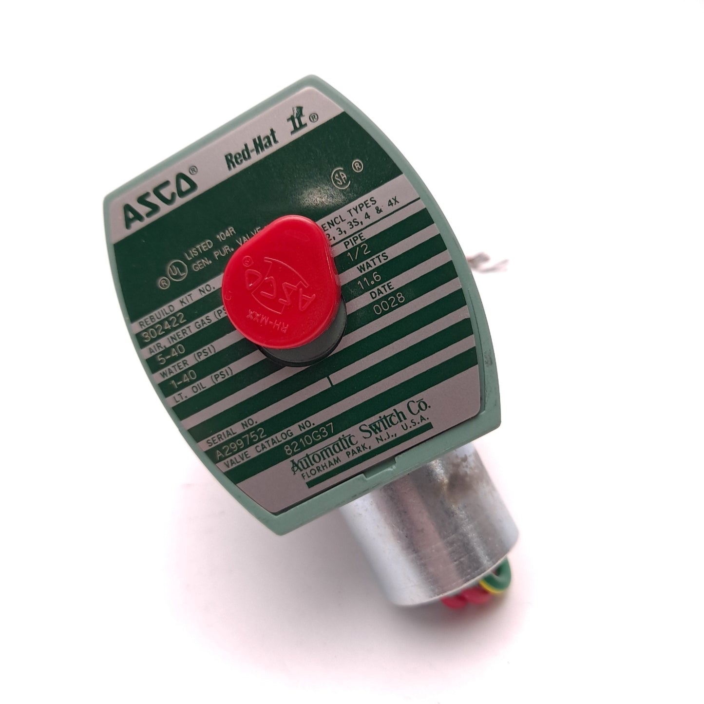 New Asco RedHat 8210G37 Solenoid Valve 24 VDC 2W NC 5-40 PSI Gas 1-40 PSI Water