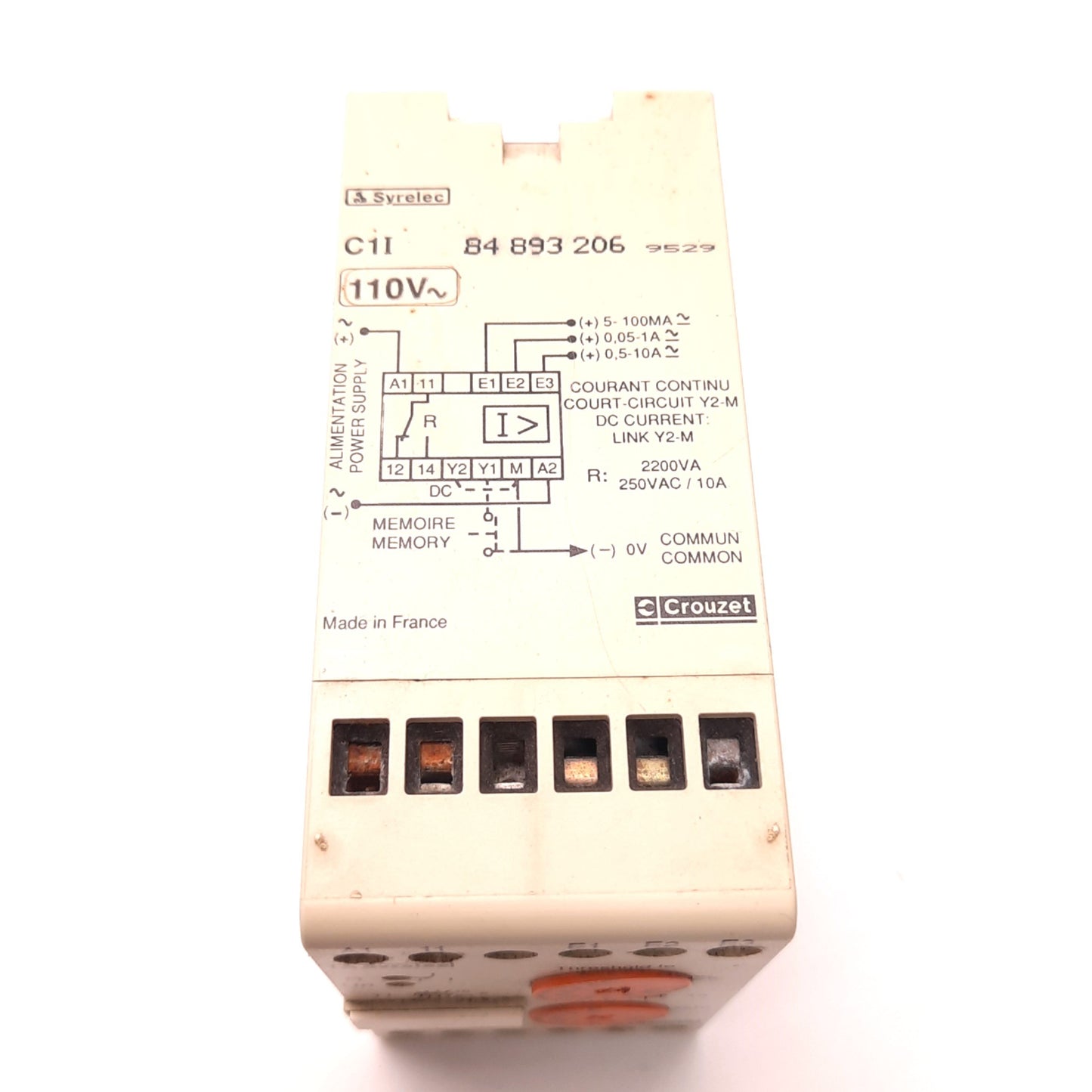 Used Crouzet 84-893-206 Current Control Relay 5mA to 10 Amps, 110v AC Supply