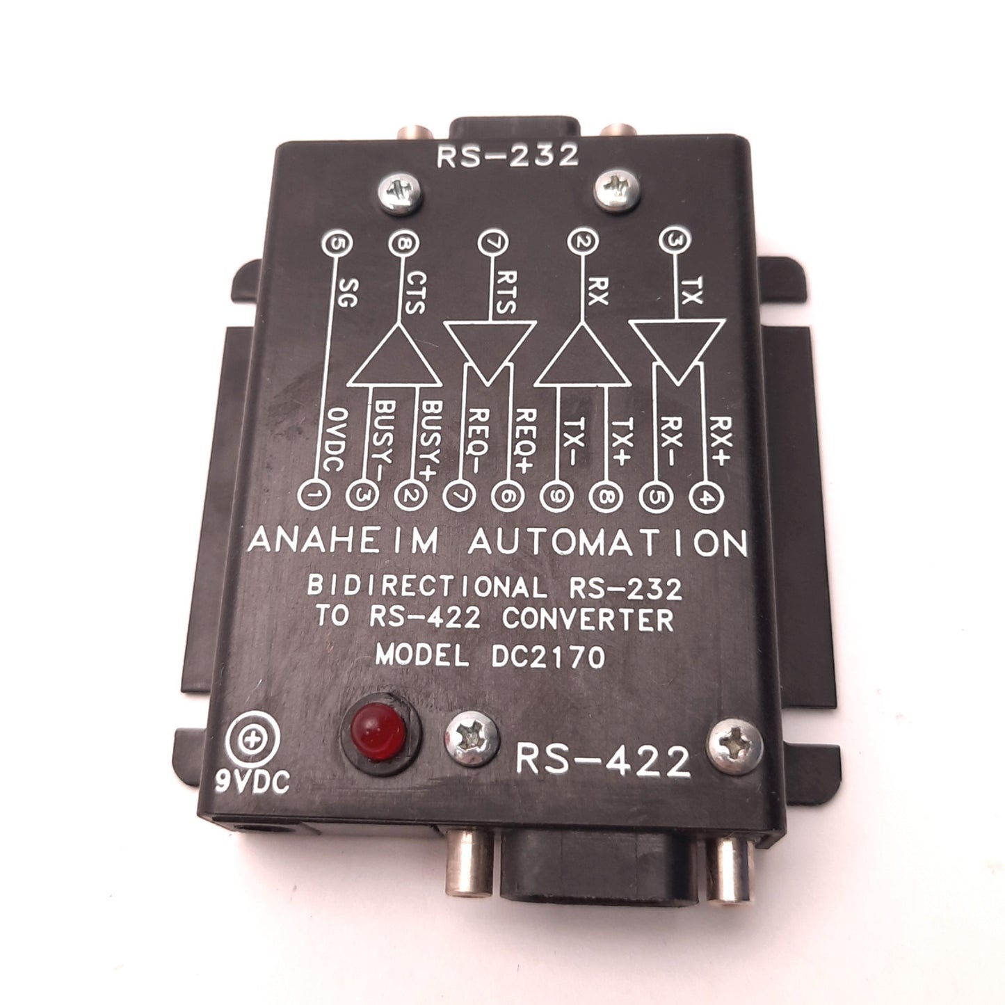 Used Anaheim DC2170 Bidirectional RS-232 to RS-422 Converter, Supply 9VDC, 9-Pin