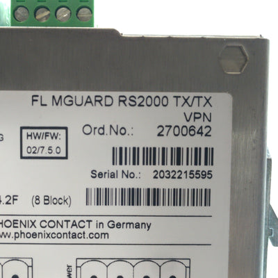 Used Phoenix Contact FL MGUARD RS2000 TX/TX VPN Router, 10/100Mbps, 330MHz CPU, 24VDC