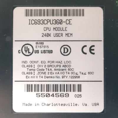 Used GE Fanuc IC693CPU360-CE Series 90-30 PLC CPU Module, 240K Memory, 25MHz