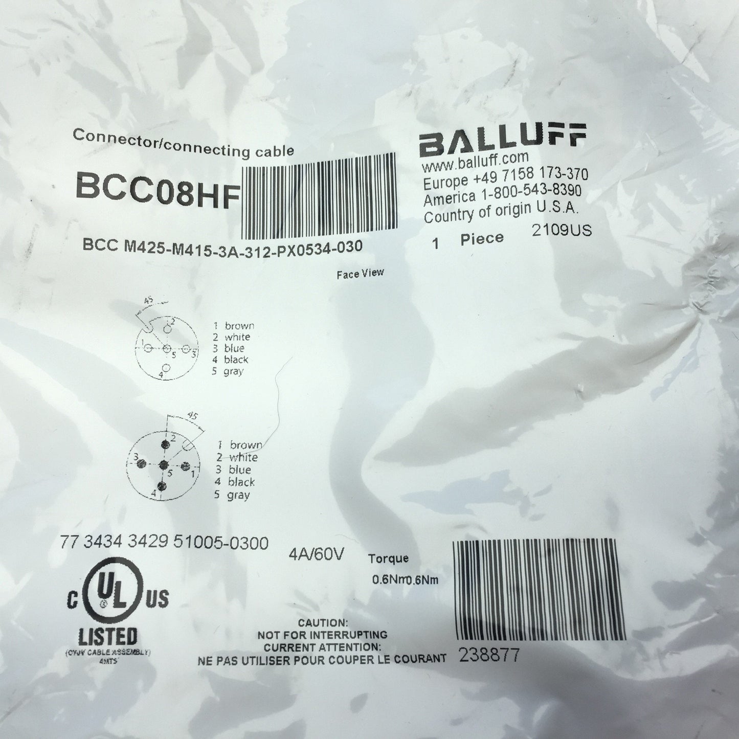 New Balluff BCC08HF Double-Ended Cordset M12 Female, M12 Male, 5-Pin, 60VAC/DC 4 Amp