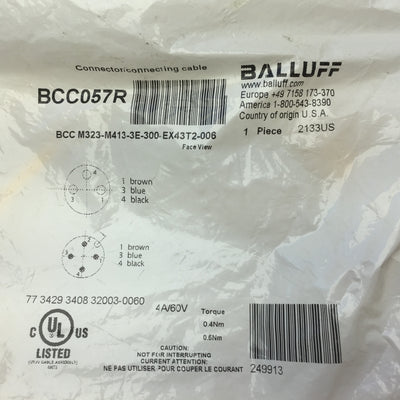 New Balluff BCC057R Double-Ended Cordset M8 Female M12 Male, 3-Pin, 60VAC/DC 4A 0.6m