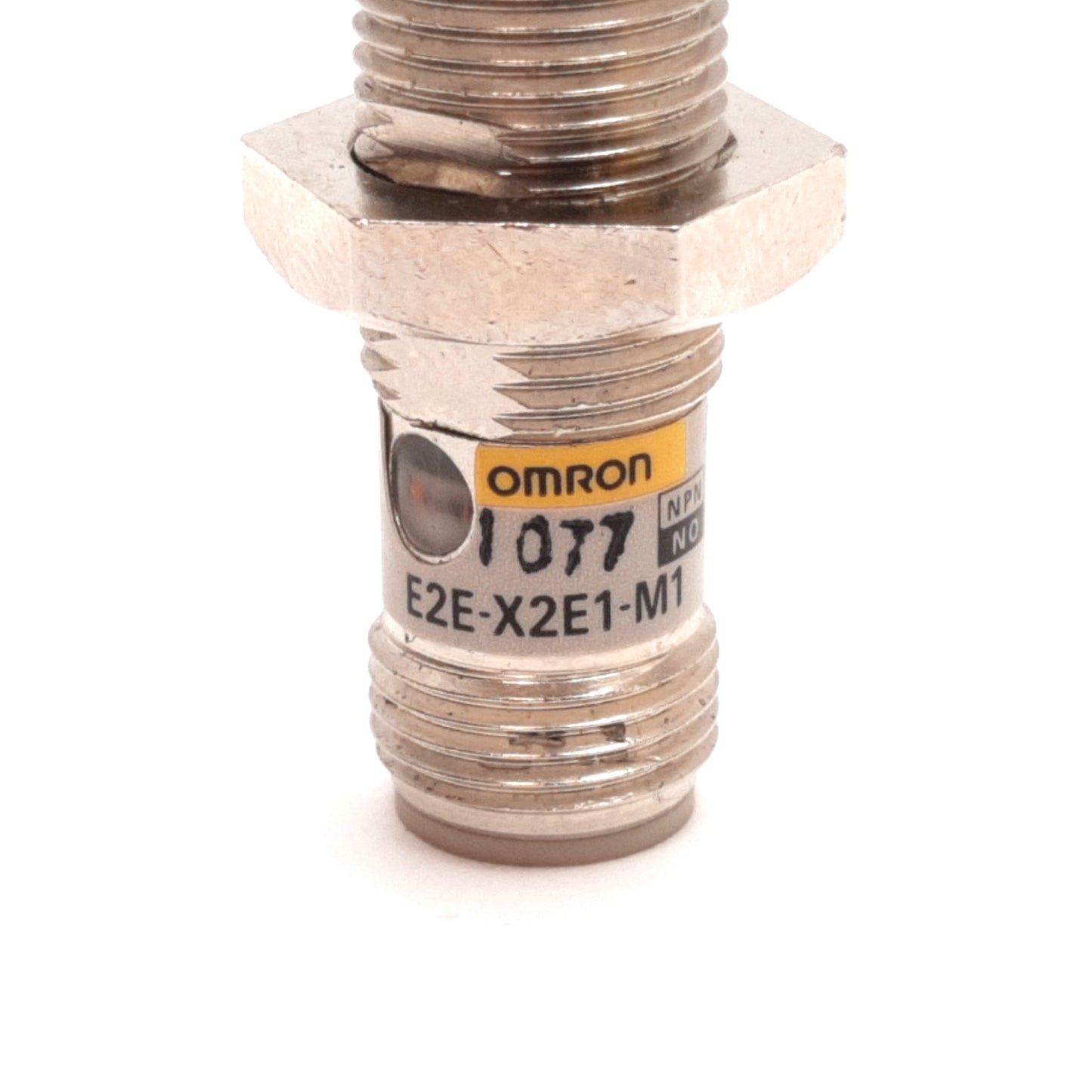 Used Omron E2E-X2E1-M1 Inductive Proximity Sensor, 2mm, 12-24VDC, M12, 4-Pin
