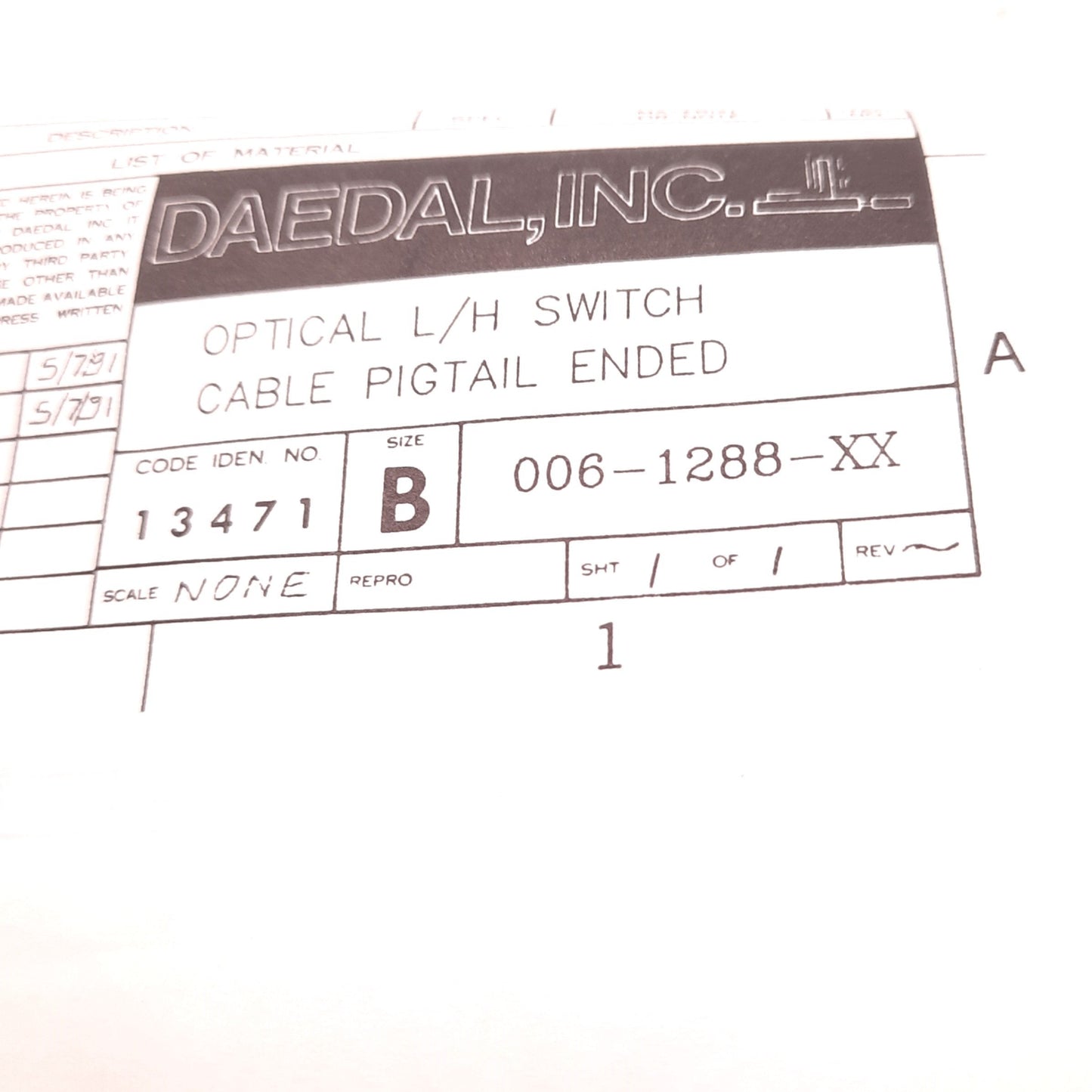 New Daedal 006-1288-10 Optical L/H Switch Cable, Pigtail Ended, ~10' Long