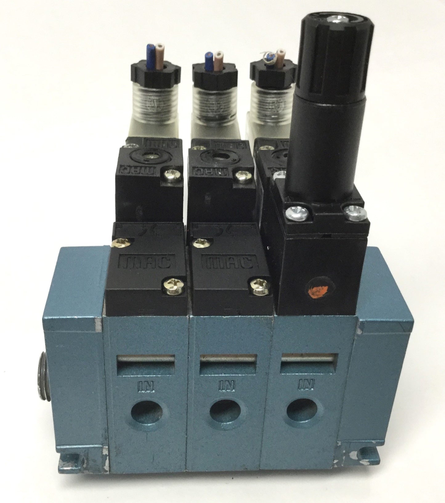Used Manifold of (3x) MAC 45A-LAC-DDAJ-2KJ 4-Way Solenoid Valves 24VDC, 1/8" NPT Base