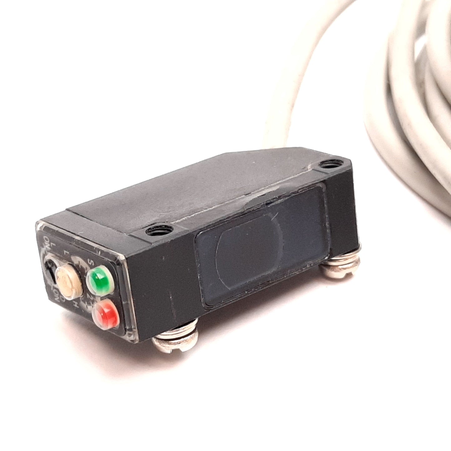 Used Omron E3V-7DC43S Photoelectric Sensor, Adjustable Sensing, 12-24VDC, 4-Wire