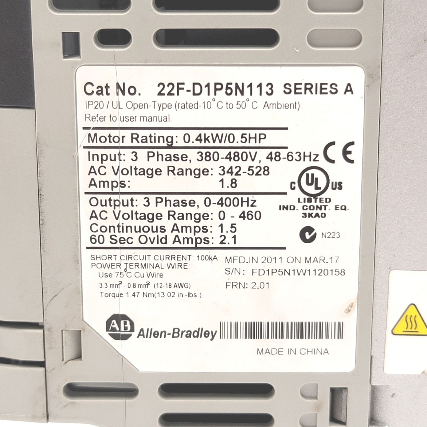 Used Allen Bradley 22F-D1P5N113 PowerFlex 4M AC Drive 380-460VAC 0.4kW/0.5HP 0-400Hz