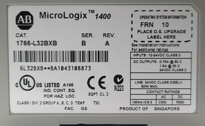 Used Allen Bradley 1766-L32BXB Series B MicroLogix 1400 PLC, I/O 32x, RS232, 24VDC