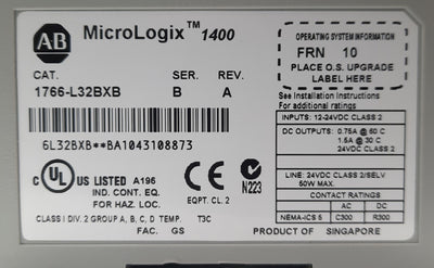 Used Allen Bradley 1766-L32BXB Series B MicroLogix 1400 PLC, I/O 32x, RS232, 24VDC