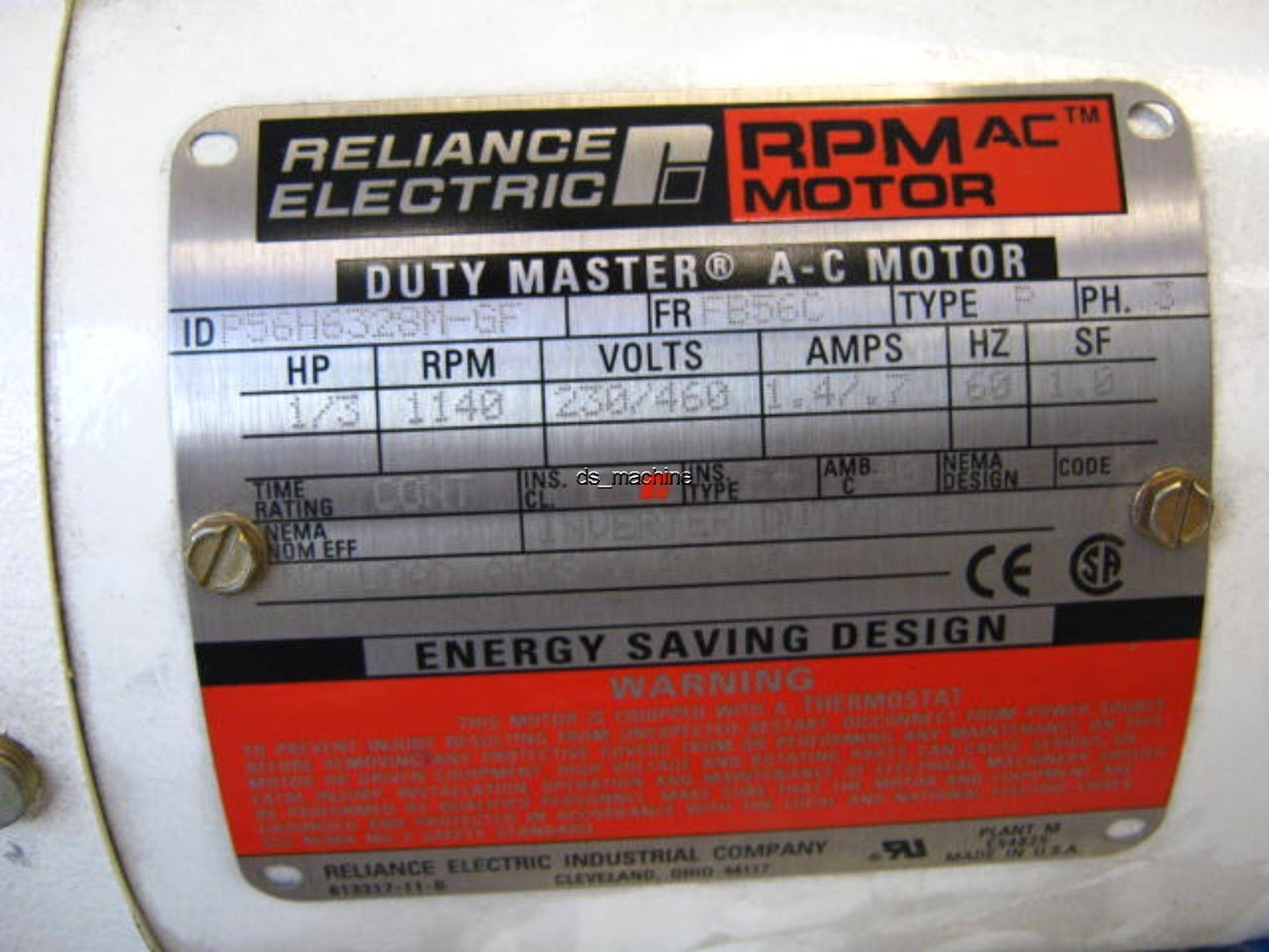 Used Reliance Electric P56H6328M-GF DutyMaster AC Motor 240/460VAC 3PH 1/3HP FB56C