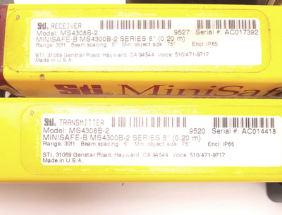 Used STI MS4308B-2 Minisafe Light Curtain Transmitter/Receiver 30Ft Range, 1/2" Space