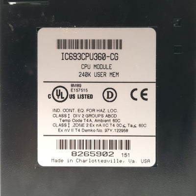 Used GE Fanuc IC693CPU360-CG Series 90-30 PLC CPU Module, 240K Memory, 25MHz