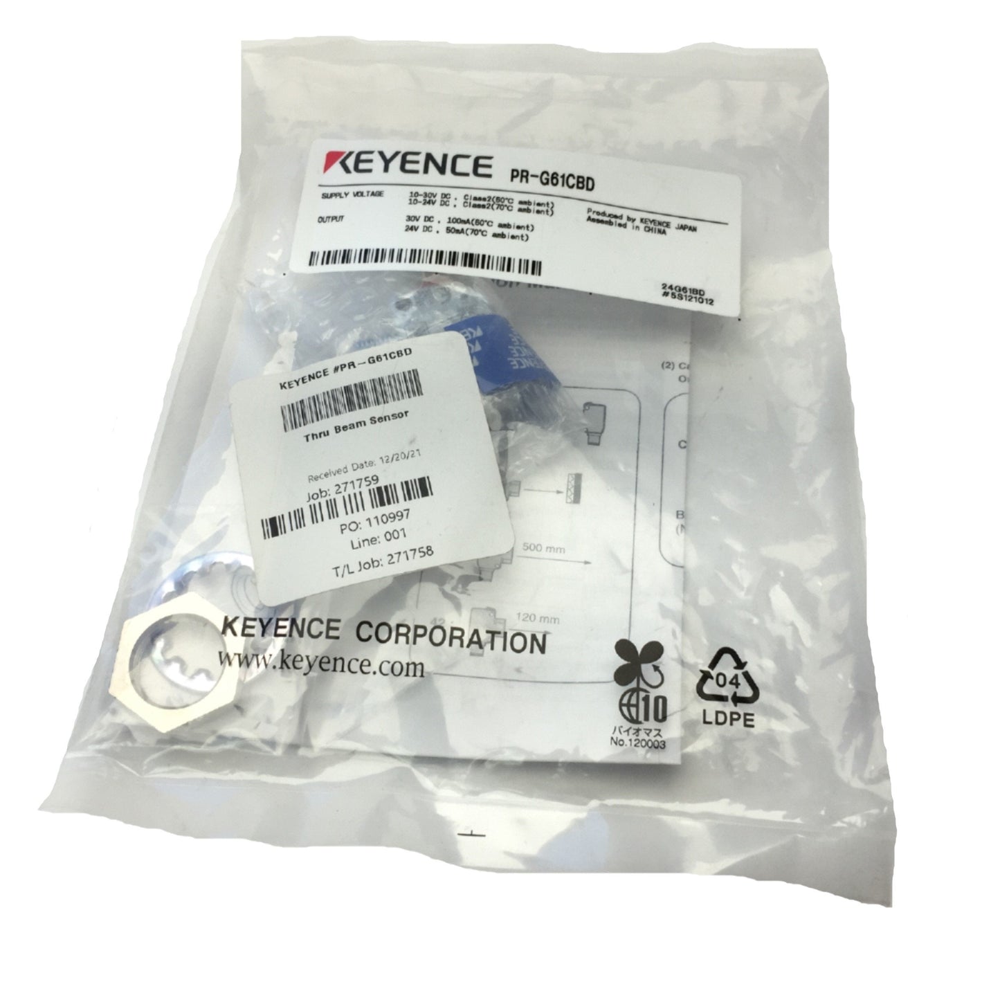 New Keyence PR-G61CBD Retro-Reflective Photoelectric Sensor, M12 4-Pin, 10-30VDC