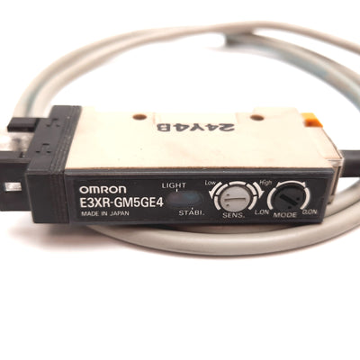 Used Omron E3XR-GM5GE4 Photoelectric Sensor, 12-24VDC, NPN, Green LED 565nm