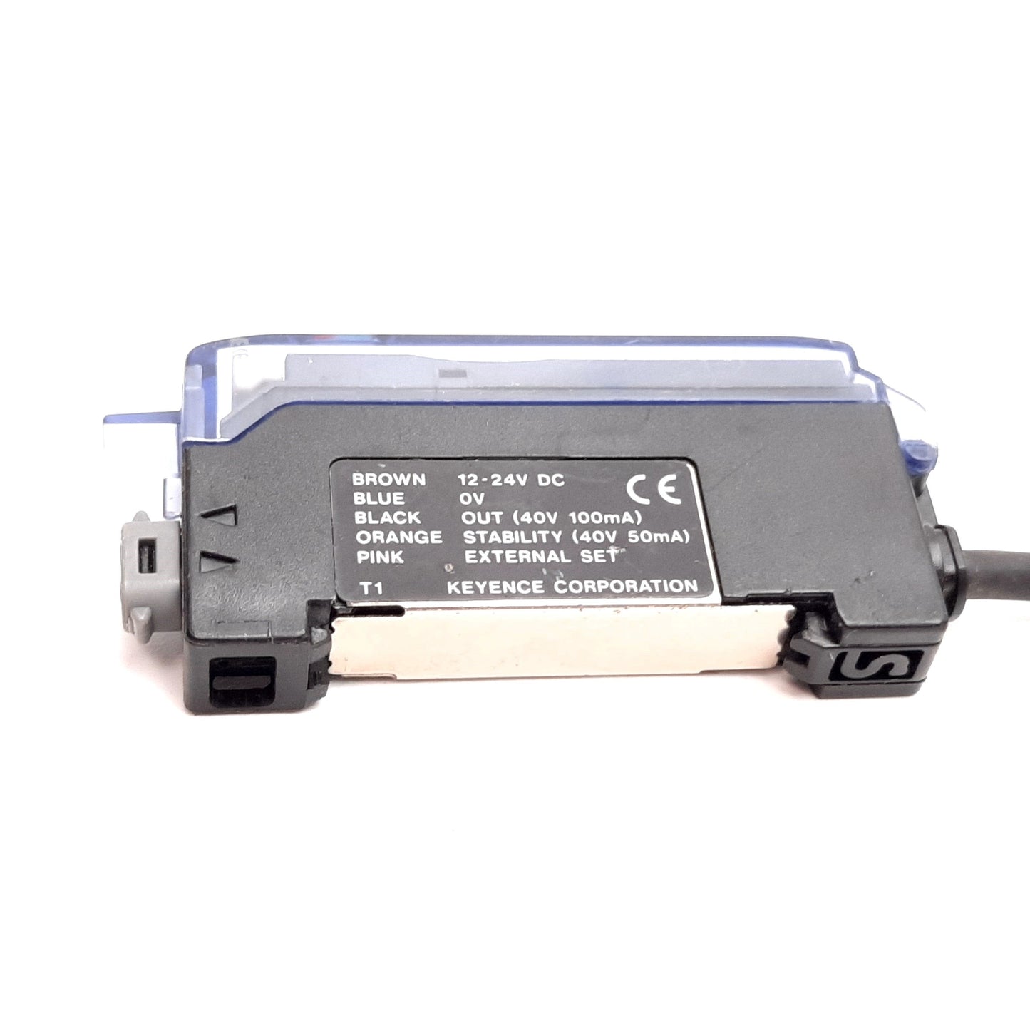 Used Keyence FS-T1P Fiber Optic Sensor Amplifier, 12-24VDC, PNP, Red LED, DIN Rail