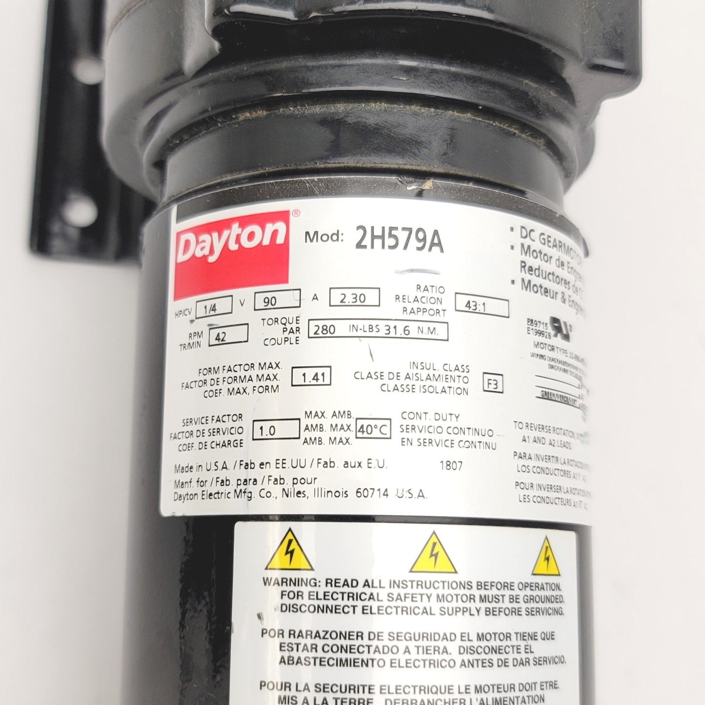 Used Dayton 2H579A DC Gearmotor 90VDC, 43:1, 1/4HP, 42RPM, 280in-lb, 5/8" Shaft