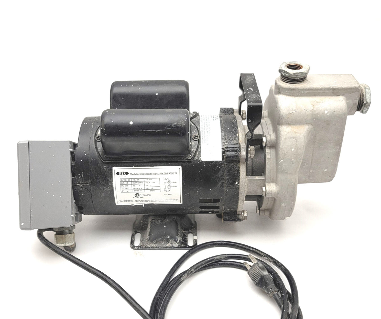Used Dayton 5PXY0 Centrifugal Utility Pump 115VAC, 1/2HP, 6Ft Lift, 46Ft Head, 1"NPT