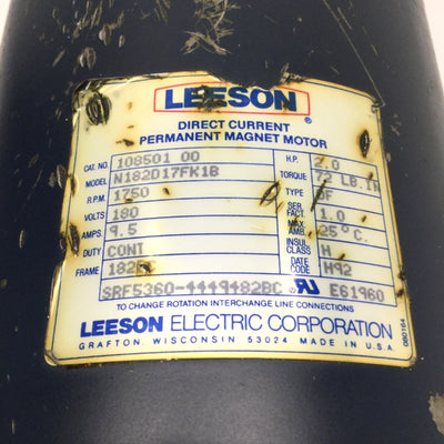 Used Leeson 108501.00 Permanent Magnet DC Motor 180VDC 9.5A, 2HP, 1750RPM, 72lb-in