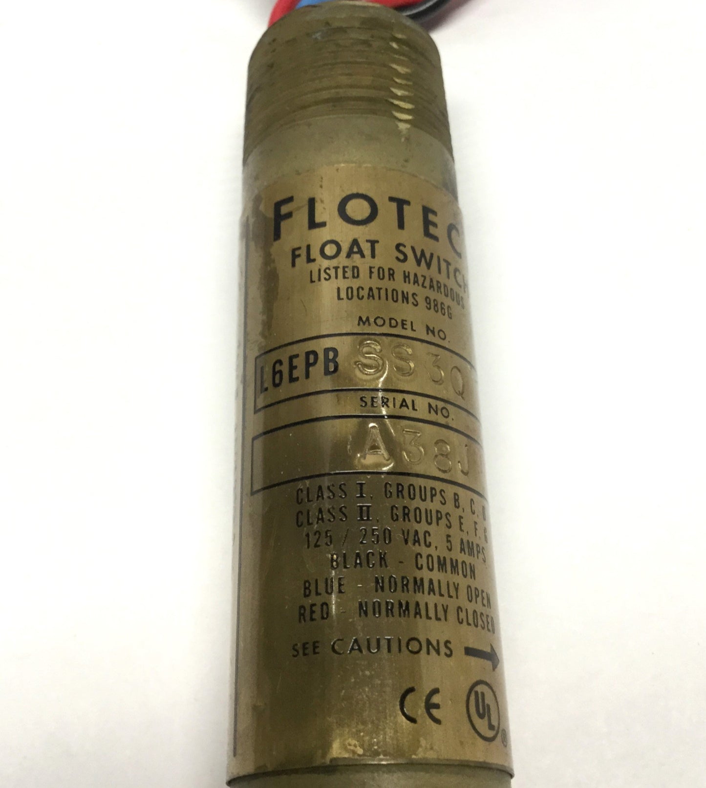 Used Flotect L6EPB-S-S-3-O Liquid Level Ball Float Switch 1" NPT, SPDT 125/250VAC 5A