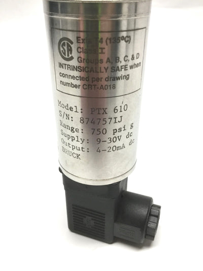 Used GE Druck PTX 610 Pressure Transmitter 750psi Range, 9-30VDC, 1/4" NPT, 4-20mA