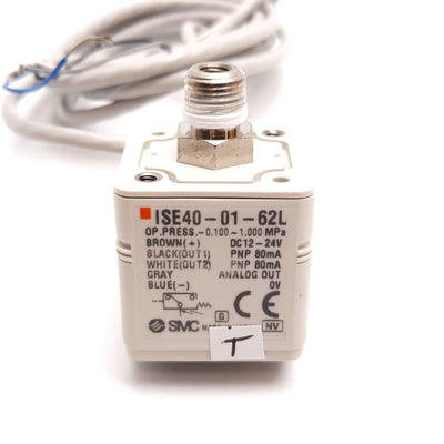 Used SMC ISE40-01-62L Pressure Switch, -0.1 to 1.0MPa, 12-24VDC, PNP, 1/8" NPT 10-32